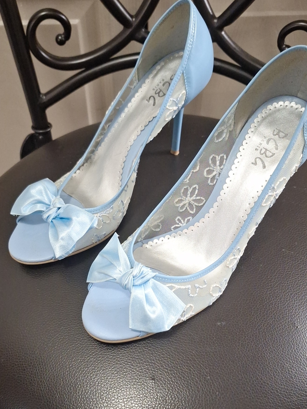 BCBG Paris Light Blue Lace Peep-Toe Heels with Bow